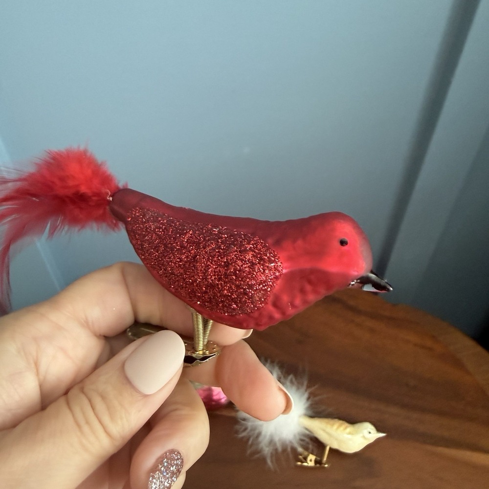 Vintage Glass Clip On Bird Ornaments 4 Cardinal Feather Tail Glitter German F/W - Picture 10 of 11